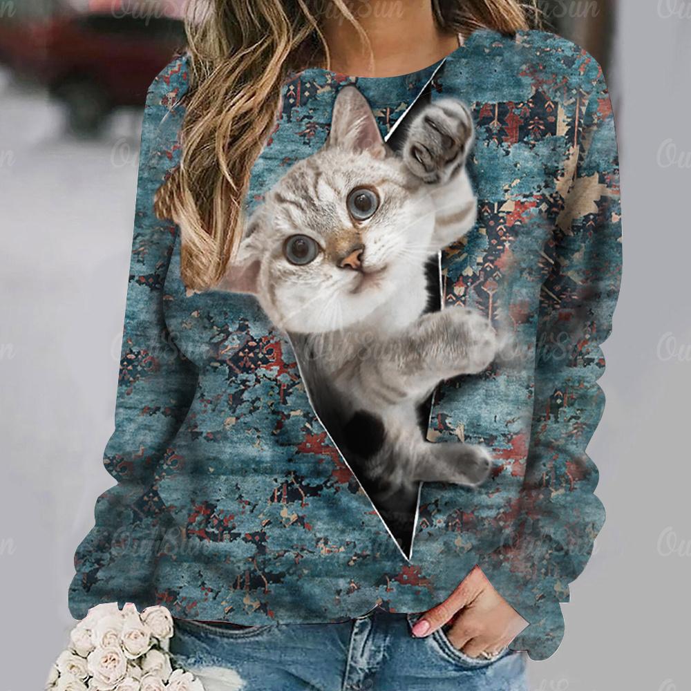 Autumn/Winter Cotton Women's T-shirts Cute Cat Print Casual Long Sleeves Tees Pullover Fashion Loose Daily Women Clothing Tops