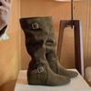 Grape Mom's New Autumn and Winter Inner Height Increases by 5cm~ Korean Fashionable Buckle Design Stacked Medium Boots, Thin Boots for Women