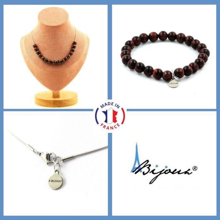 Stones and Minerals. Jewelry Set Bracelet Necklace 15 Red Tiger Eye Beads 8 Mm. Customizable Size.