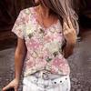Summer V-neck 3D Flower Pattern Printed Top Fashionable Casual Short Sleeved Women's T-shirts