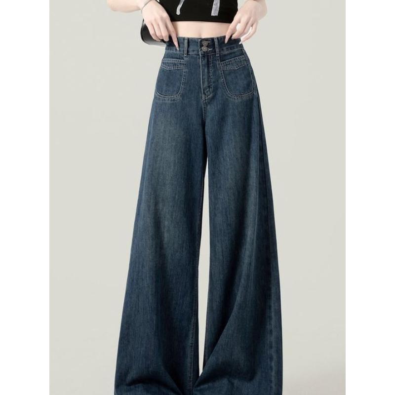 2025 Dark Blue High Waist Wide Leg Jeans Women's Summer Versatile Slimming Fall Clothes Loose Straight Pants Spring and Autumn
