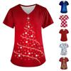 Women's Fashion Christmas Printed Short Sleeve V-Neck Top Small Pocket Work T-Shirt