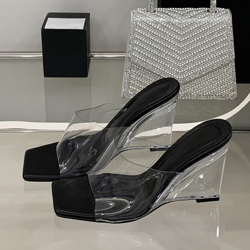 Fashion Liyke Summer Fashion Wide Square Open Toe Perspex Wedges Slipper Clear High Heels PVC Transparent Shoes Women Sandals Size 35-40