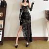 Women's Sexy Spice Lace Slip Dress Irregular Pleats with Sleeves Slim Dress