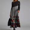 Women's Long Sleeve Black Top with Printed Maxi Skirt Dress, Bohemian Floral Geometric Pattern, Multiple Color Options