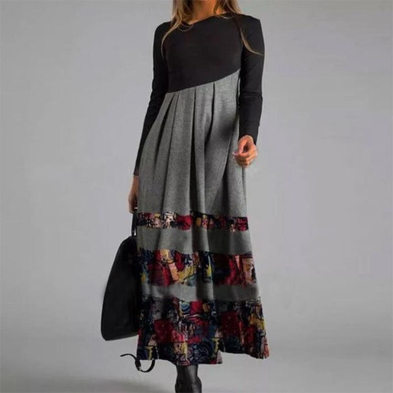Women's Long Sleeve Black Top with Printed Maxi Skirt Dress, Bohemian Floral Geometric Pattern, Multiple Color Options