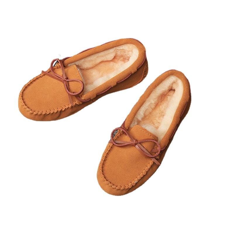 Women Winter Warm 100% Genuine Leather Flat Shoes Casual Loafers Slip On Women's Flats Plush Shoes Moccasins Lady 2024