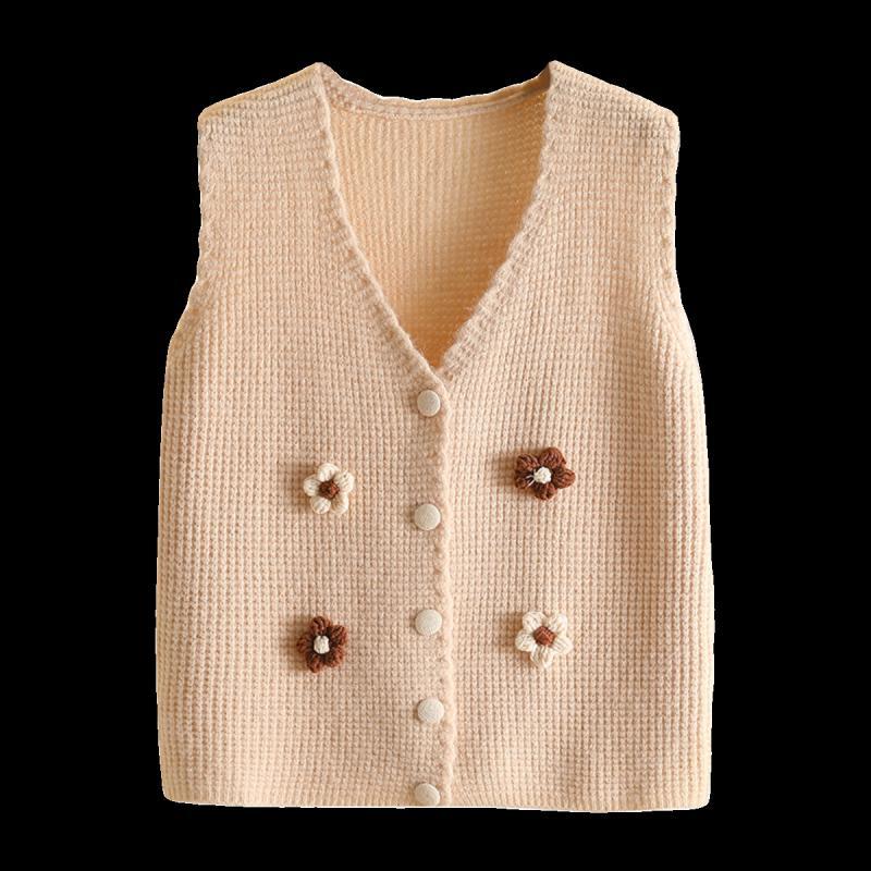 Handmade Flower-appliquéd Knitted Waistcoat Coat Fashion V-neck Vest Short Cardigan Gilet for Spring and Autumn