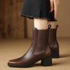 Fashion 2025 New Split Leather Boots Women Square Toe Elastic Band Chunky High Heels Autumn Winter Ankle Boots Ladies Office Dress Shoes