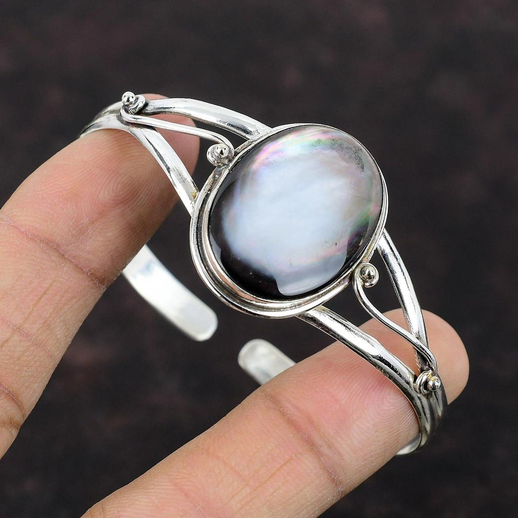 Mother Of Pearl Bangle 925 Sterling Silver Cuff Bangle Real Gemstone Adjustable Bangle Handmade Cuff Bracelet Gift For Mom Unique Jewelry