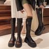 Women's Autumn Winter New Retro Round Toe Thick Soled High Top Boots with Thick Heels and Leather Buckle Elastic Slim Boots