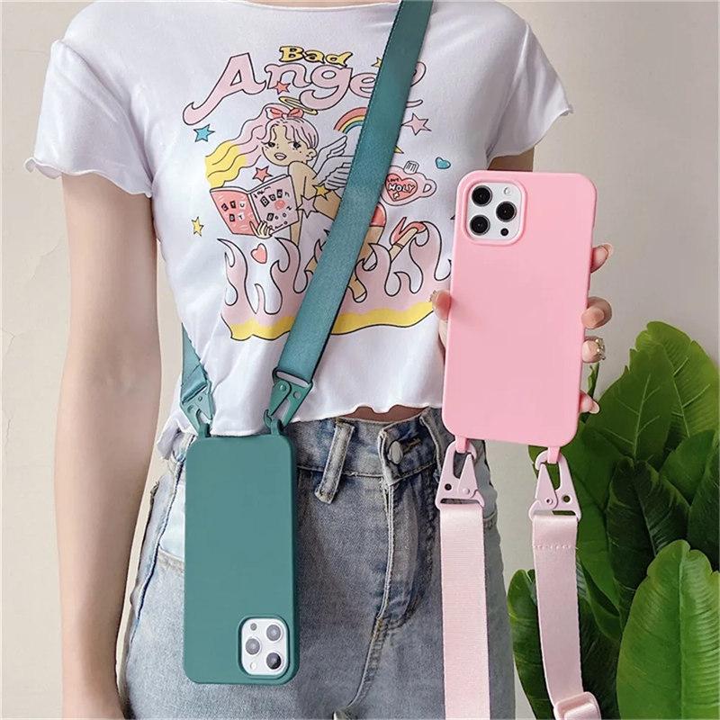 Crossbody Necklace Strap Lanyard Matte Silicone Case For iPhone 14 Pro Max 11 12 13 Mini XR X XS 6S 7 8 Plus SE Shockproof Cover