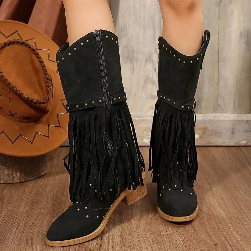 Women's Shoes Side Zipper Women's Boots Fashion Tassel Modern Boots Women New Rivet Belt Buckle Mid-Calf Boots
