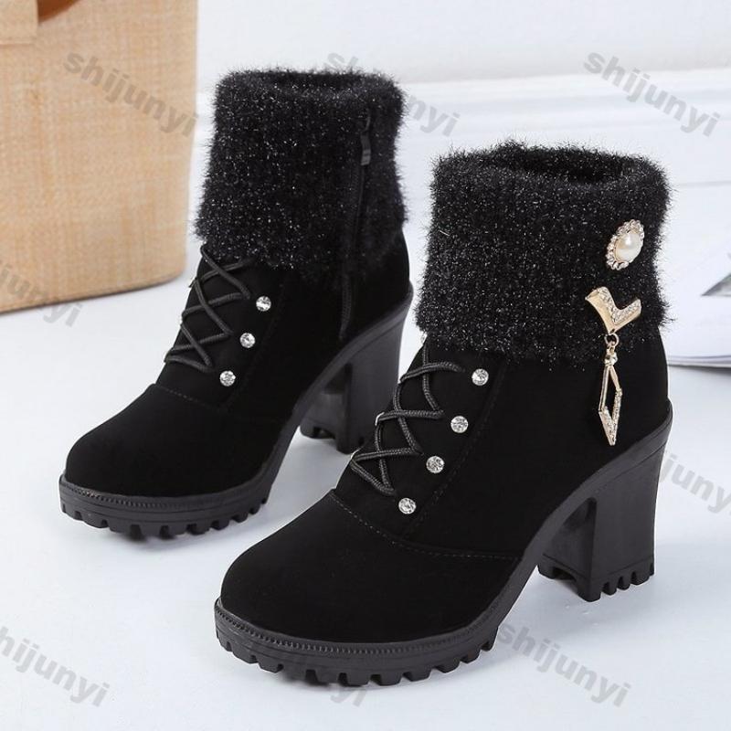Fashion Women's Chunky Heeled Ankle Boots Autumn Fashion Rhindiamonds Solid Color High Heels Shoes Female Lace Up Platform Short Booties