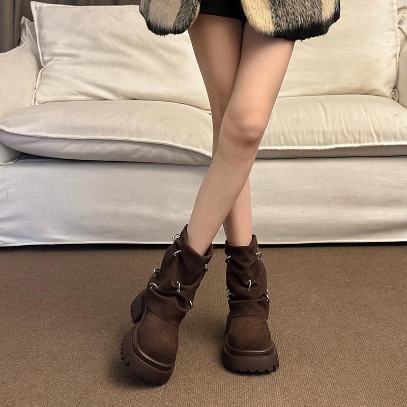 Autumn Winter Thick High Heels Women Mid Calf Boots 2025 Hot Sale Gothic Calves Motorcycles Boots Buckle Comfy Walking Boots