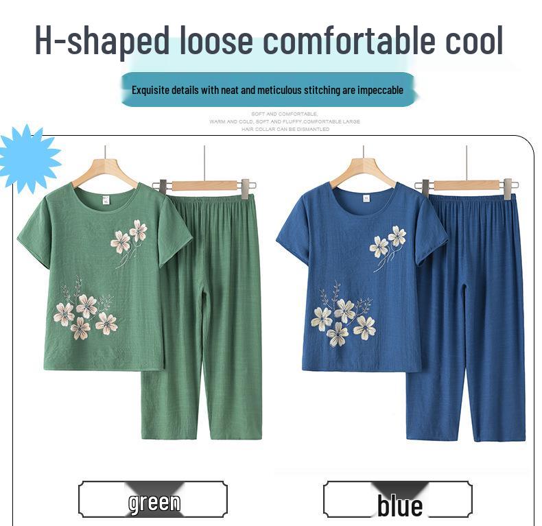 Elderly Women's Cotton Linen Short Sleeve Two-Piece Summer Outfit