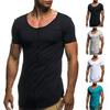 Men Summer T-shirt Solid Color Mid Length Patchwork V Neck Curled Edge Short Sleeves Soft Breathable Pullover Sports Casual Men Gym Training Top