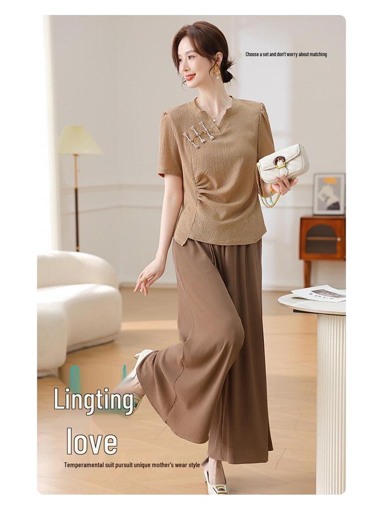Chinese Style Summer Set: Short-Sleeved Blouse & Wide-Leg Pants for Middle-Aged Women