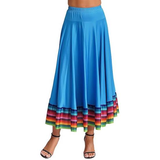 Maxi Skirt Ladies Folk Dance Skirt Elastic Waist Spanish Swing Skirt Rainbow Large Swing Hem Mexican Flamenco Performance Skirt