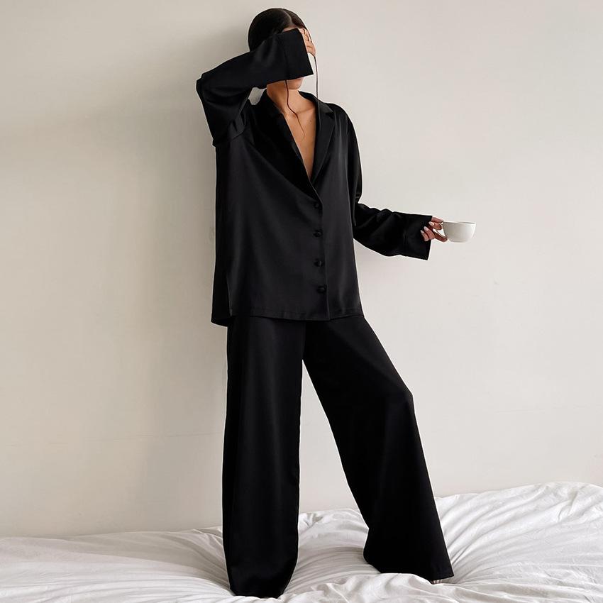 New Satin Silk Pajamas Low-cut Sexy Pajamas for Women Single-breasted Long-sleeved Wide-leg Pants Trousers Suit