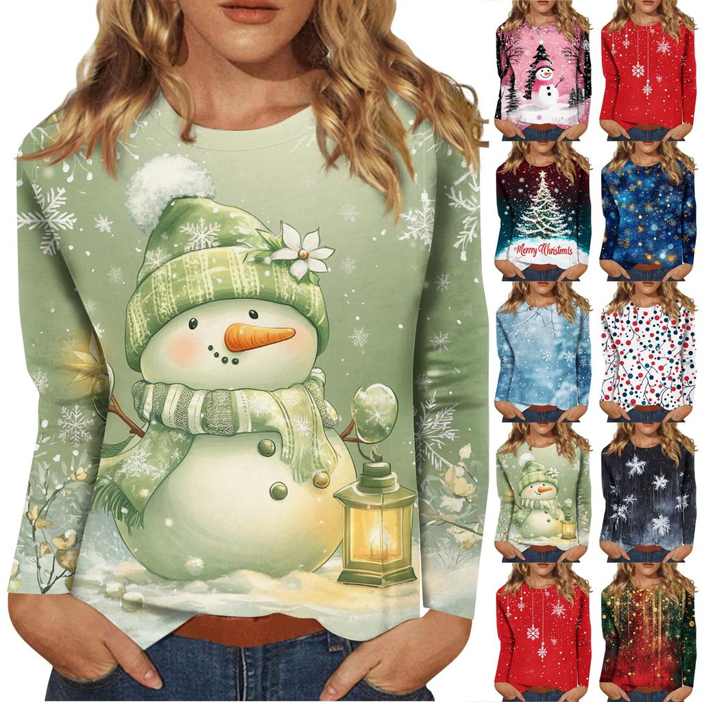Long Sleeve Shirts For Women Cute Print Graphic Tees Blouses Casual Plus Size Basic Tops Pullover Christmas