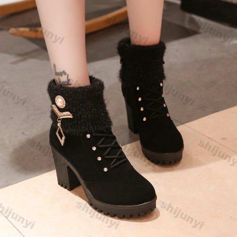 Fashion Women's Chunky Heeled Ankle Boots Autumn Fashion Rhindiamonds Solid Color High Heels Shoes Female Lace Up Platform Short Booties