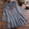 Women Lace Embroidery Flower Loose Plus Size Half Sleeve Shirt