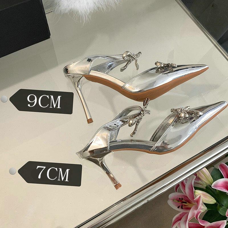 Fashion Advanced Sense ~! Silver Patent Leather Rhinestone Bow Pointy Half Slippers For Women With Fine Heels And High Heels