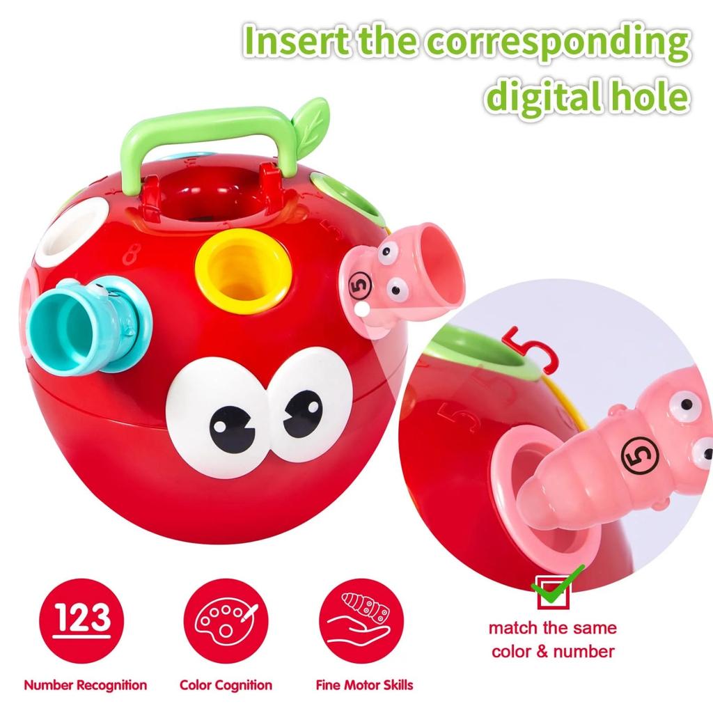 Apple Sorting Toy with Storage Stacking Toy Matching Number Toys with Number & Color Sorting Apple & Worm for Baby Toddlers