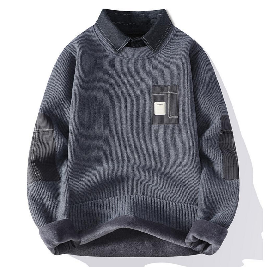 Men's Casual Patchwork Fake Two-piece Knitted Inner Layer Sweater, Men's Fleece Warm Lapel Sweater