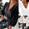 Fashion Womens Wide V-Neck Sexy Shirt  Sleeves Long-sleeved Blouse