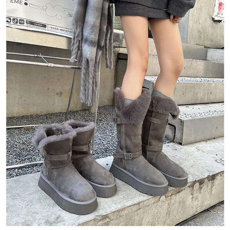 Gray Snow Boots Women's 2025 Winter New Thick-soled Heightening Piled Thickened Long-tube Snow Cotton Shoes