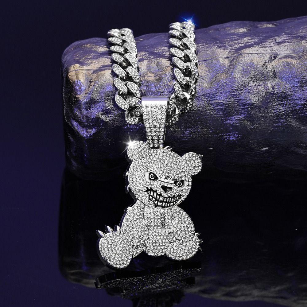 Rhinestone Pendant Necklace Bear Shape Bling Bling Necklaces New Hip Hop Necklace  For Men Women