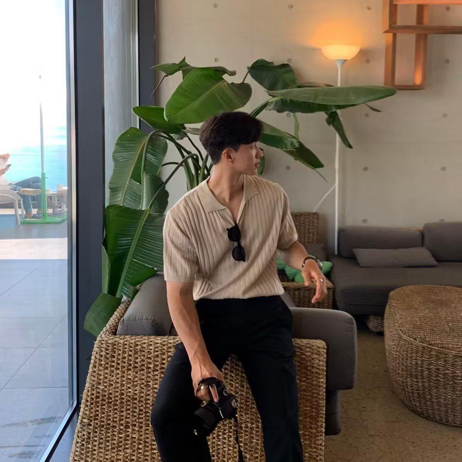 Men's Summer Korean Style Slim Fit Knitted Polo Shirt - Short-Sleeve, Solid Color, Ice Silk, Turn-Down Collar