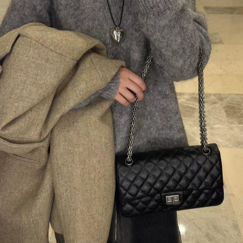 Rhombus Chain Leather Women's Bag Personalized Burst Pattern First Layer Cowhide High-end Commuting Shoulder Messenger Bag