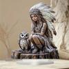 Indian Girl Owl Statue Native American Figurine Home Decor Gift Flat Acrylic Ornament Collectible