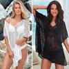Summer Women's Hollow Out Beach Cover Up V Neck Crochet Knit Bikini Cover Up Holiday Short Sleeve Sun Protection Swimwear