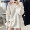 Vintage Loose White Pink Sweater Women Spring Autumn Long Sleeve O-Neck Knitted Pullovers Hollow Out Knitwear