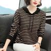 Spring and Autumn Women's Loose Striped Hooded Long Sleeve T-Shirt