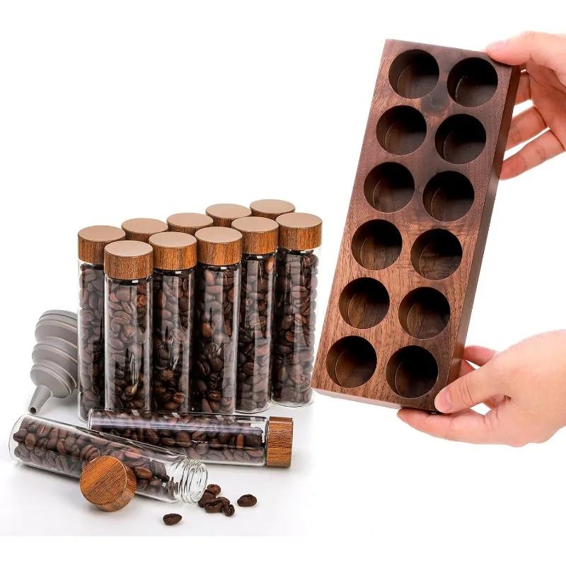 Coffee Bean Storage Tubes with Wooden Stand and Lids, Dosing Glass Vials for Coffee Storage, Espresso Bean Canisters Cellars Set