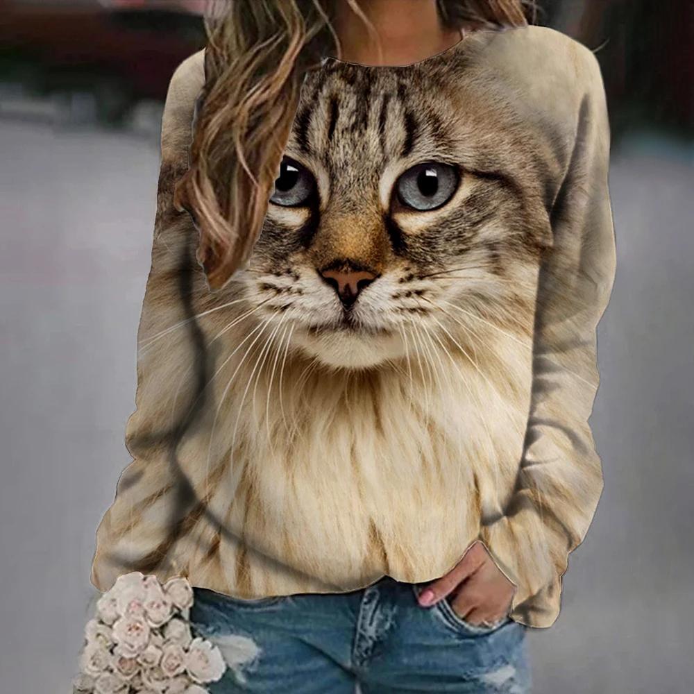 Women's Cat Big Head Cute Print Long Sleeve T-shirt Casual Loose Pullover Female Streetwear Cute Tops Fashion Trend