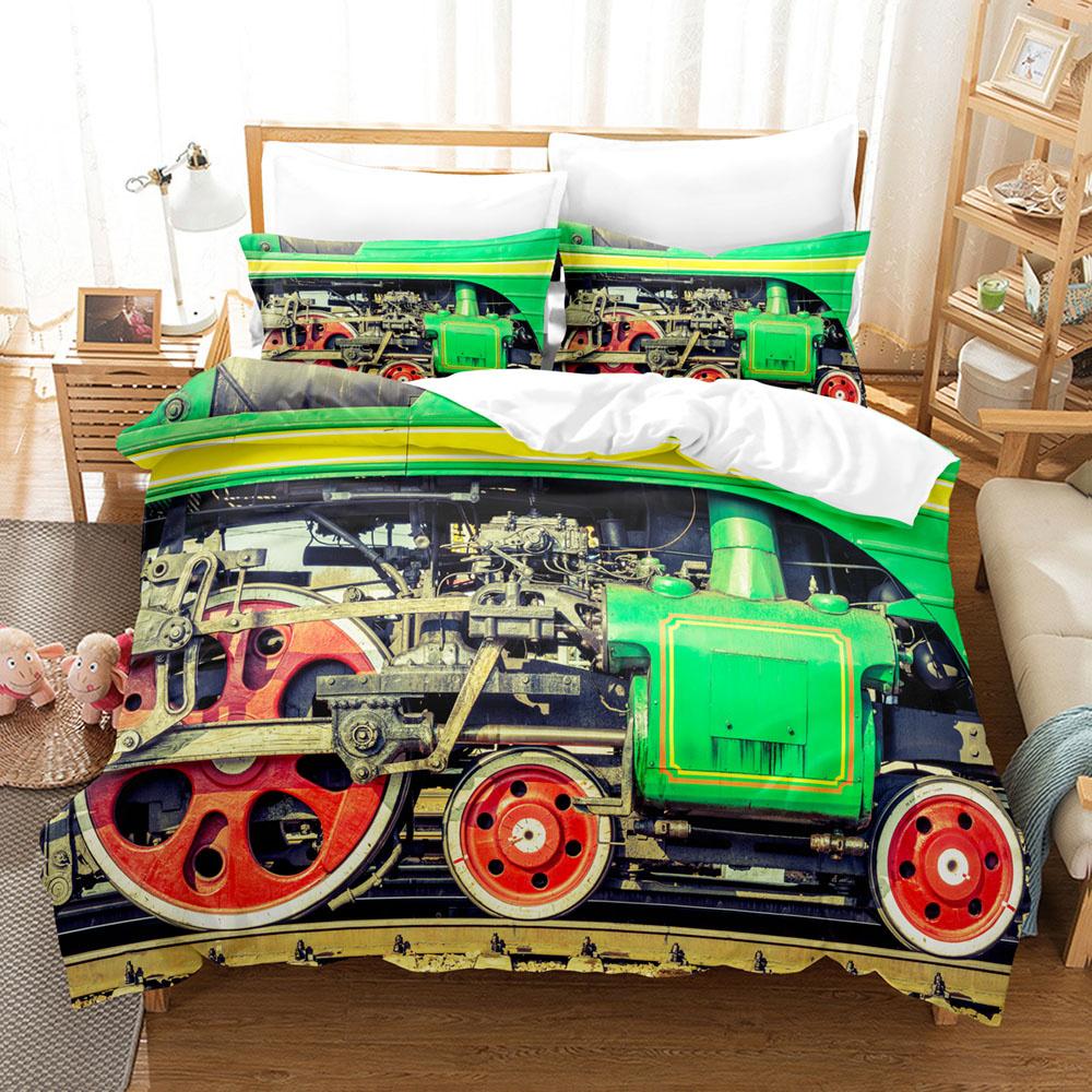 Steam Engine Duvet Cover Set Locomotive Green Black Train On Steel Railway Track Travel Adventure Graphic Print King Queen Size