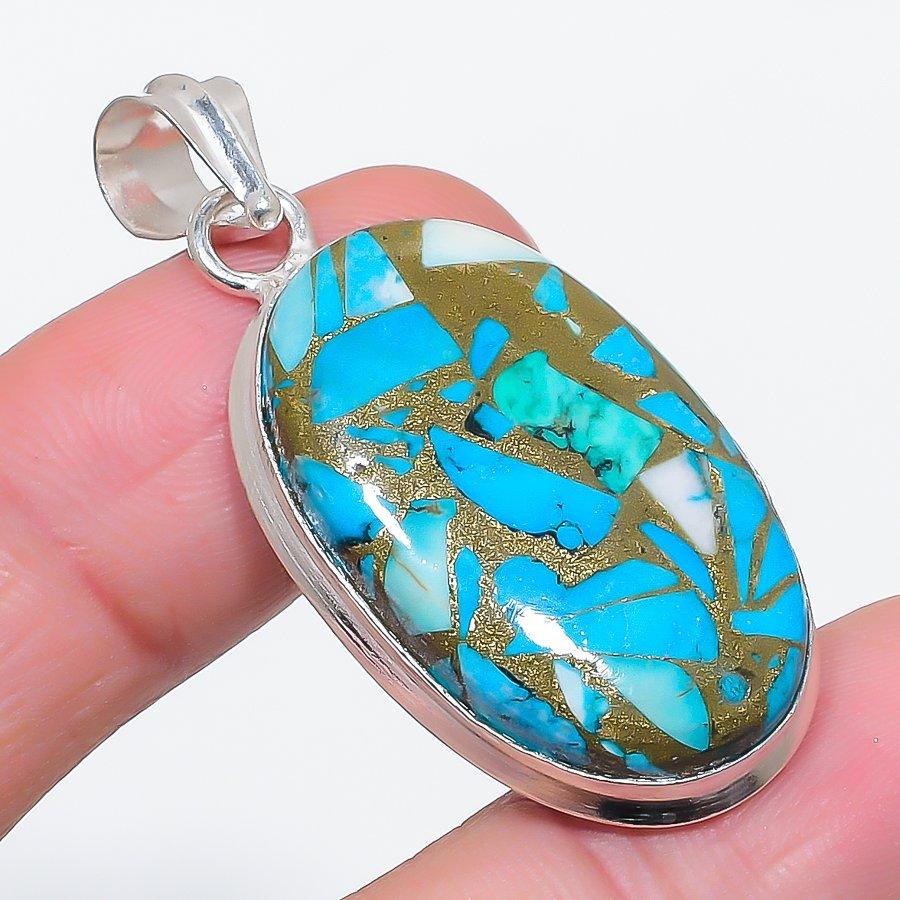 Natural Copper Blue Turquoise 925 Sterling Silver Jewelry Pendant 1.89" U3o70