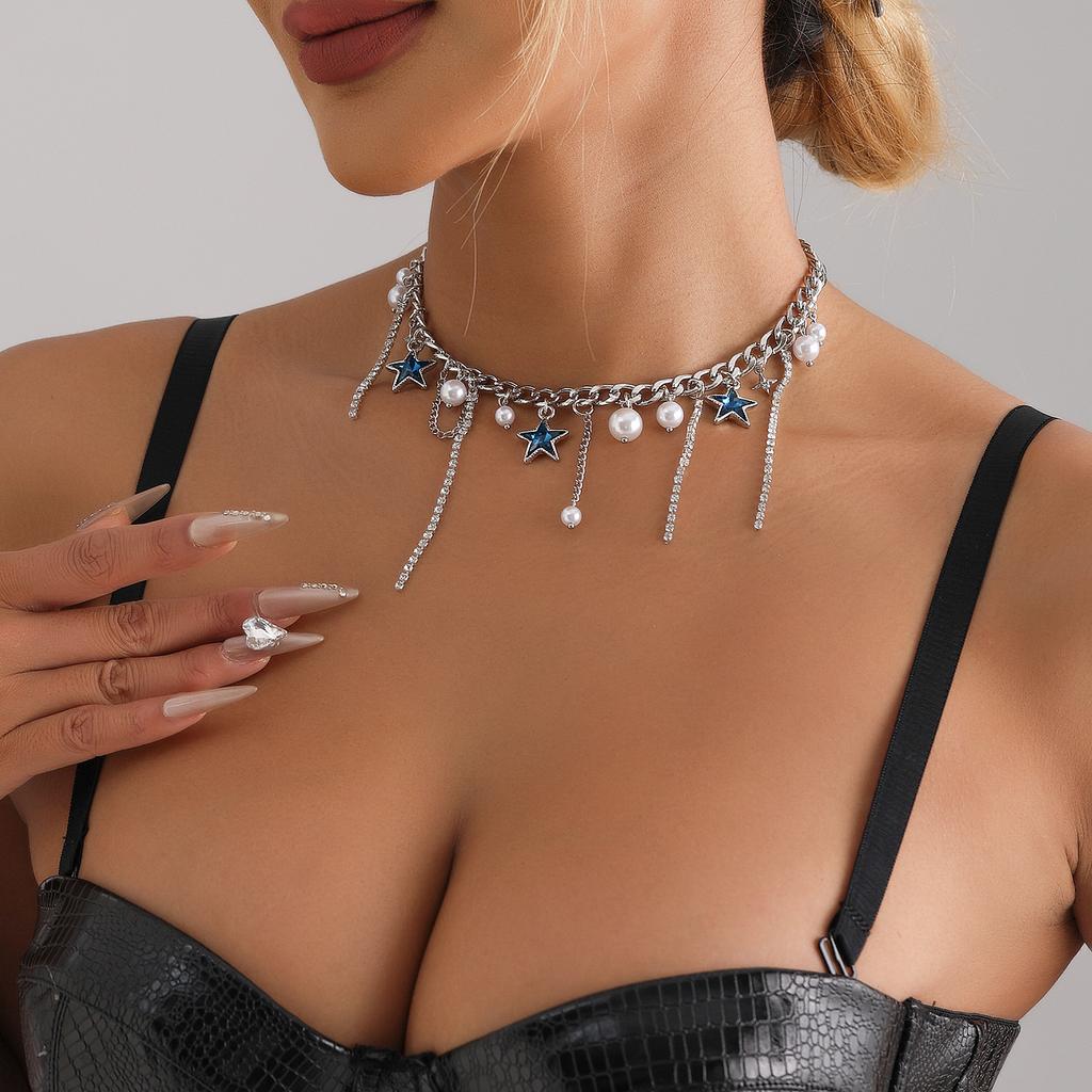 Accessories Blue Rhinestones Stars Tassel Babes Wind Necklace Women'S Premium Neck Chain Collarbone Chain