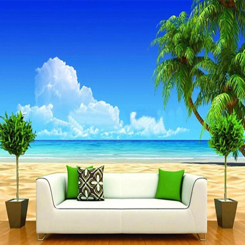 Blue Sky Beach Mural  Coconut Palm Landscape Wallpaper Modern Simple Nature Scenery Living Room Wall Murals