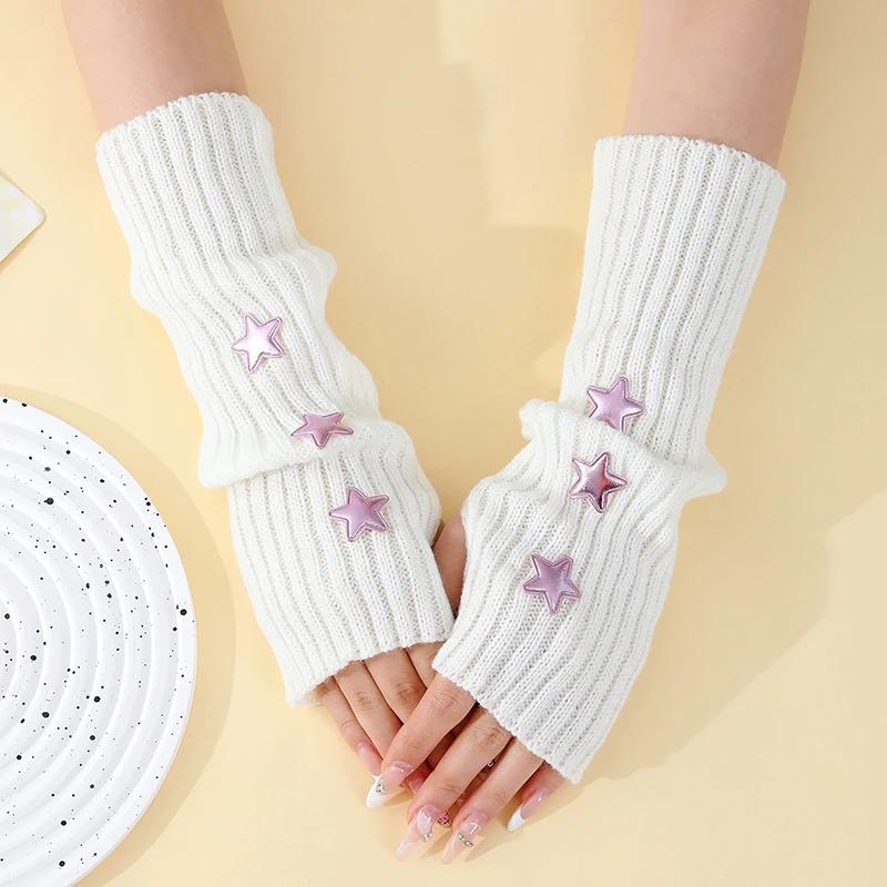 Y2K Star Gloves for Women Girls Japanese Harajuku Sweet Lolita Arm Sleeves Autumn Winter Arm Warmers Knitted Mittens Accessories