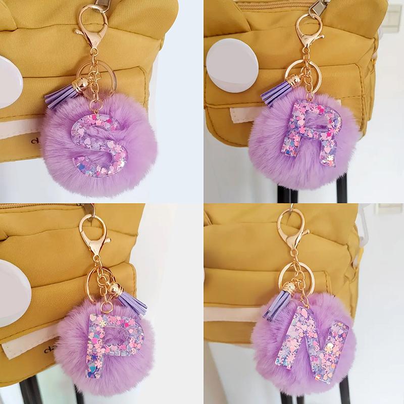 Adorable A-Z Letters Initial Keychain Sparkling Resin Alphabet Fluffy Hairball Pendant Backpack Decoration Accessories Gifts