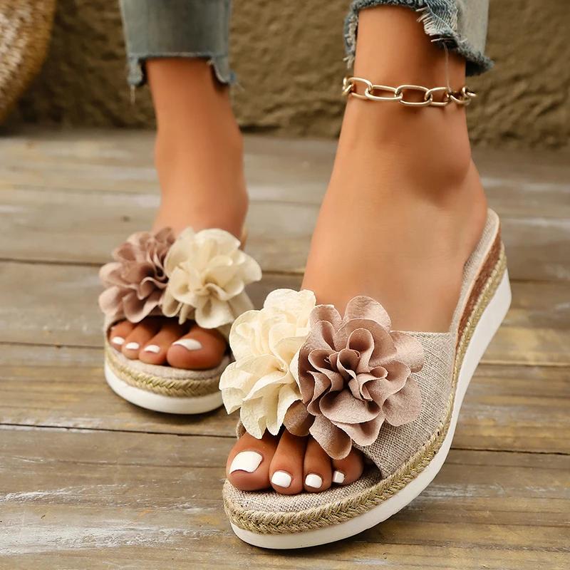 Mix Color Flower Wedge Sandals for Women Summer 2025 Fashion Platform Slippers Woman Lightweight Non Slip Beach Sandalias Mujer