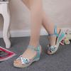 Fashion Womens Summer Casual Wedges Floral Printed Lattice High-heeled Beach Sandals Peep Toe Shoes