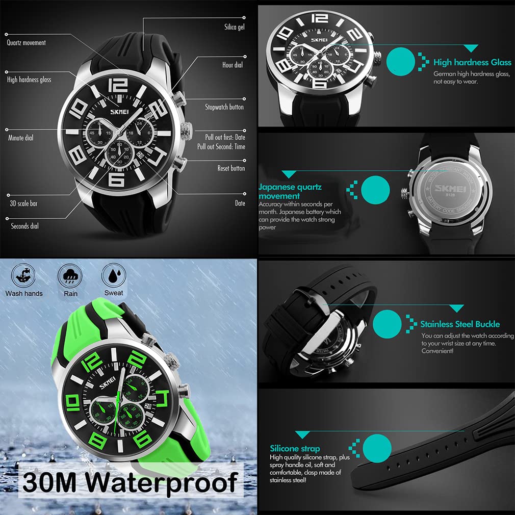 Watch Silicone High School Student Silicone Sports Waterproof Arm Watch Stylish Big Face Chronograph Casual Brand Analog Quartz Watch Large Date